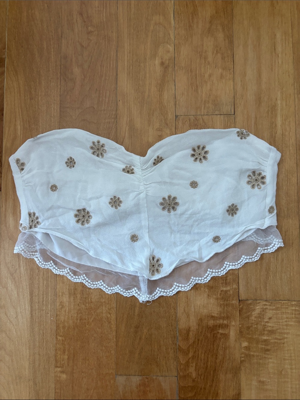 Strapless White Floral Lace Bandeau with Tan Embroidered Accents